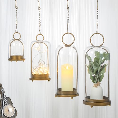 16" High Versatile Modern Metal Hurricane Lantern with Handmade Sturdy Glass Dome in Antique Brass for Pillar Candle & Plants, Industrial, Farmhouse, Shabby Chic (Brass, 6.3"x16.5") - color: Brass, size: 6.3"x16.5"
