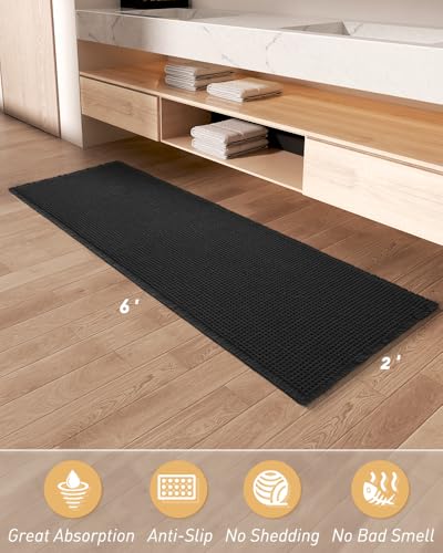 Upgraded Waffle Bath Mat Runner Absorbent Non Slip Bathroom Mat, 2' x 6' - color: Black, size: 2' x 6'