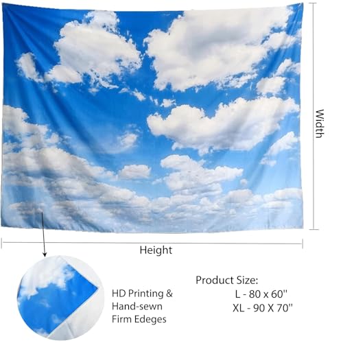TUGCAY Blue Sky Tapestry White Cloud Tapestry Wall Hanging Ceiling Tapestries Clear Sunny Sky Clouds Backdrop Art Poster Wall Decor for Bedroom Living Room Dorm Kitchen Bathroom, 90x70 Inch - size: 90"L x 70"W