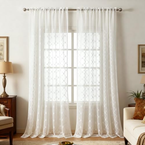 VOGOL Geometric Embroidered Sheer Curtains, Voile Drapes, 52 x 84, 2 Panels - color: Plaid, size: 52"W x 84"L (Pack of 2)