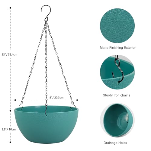 Meowell 8 inch Small Hanging Planters Plant Pots for Indoor Outdoor Plants, 2 Pack Hanging Flower Pots with Drainage Holes and Chain for Garden, Plastic Hanging Baskets for House Plants, Blue Green - color: Blue-green, size: 8inch 2pcs