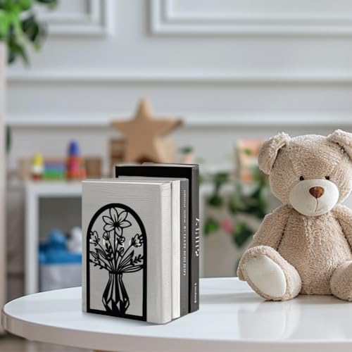 Peacoblue 5.3"x4.3"x7.9" Metal Bookends, Heavy Duty Book Ends for Shelves - color: Vase With Flowers