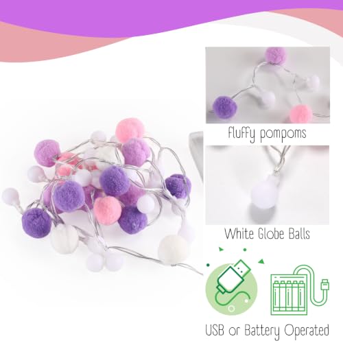 9.84FT Pom Poms Fairy Lights 30 LED Battery & USB Operated String Lights - color: Purple, size: 9.84 FT