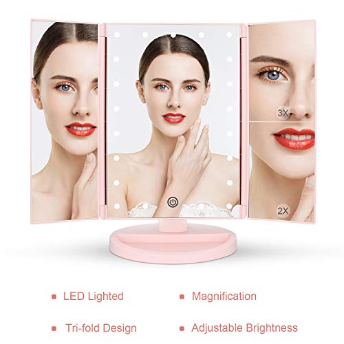deweisn Tabletop Mount Tri-Fold Lighted Vanity Mirror with 21 LED Lights, Touch Screen and 3X/2X/1X Magnification, Two Power Supply Modes Make Up Mirror,Travel Mirror - color: Pink