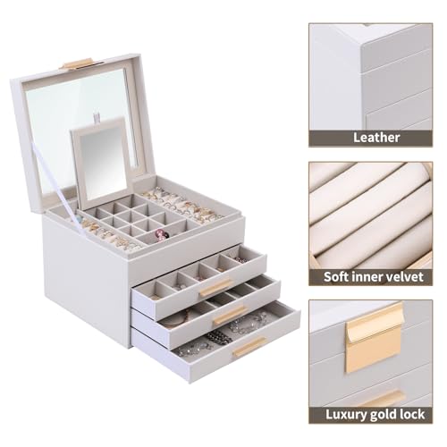 BOOVO Clear Lid Jewelry Box,3 Layers Jewelry Organizer Large Jewelry Storage Box with 2 Drawers,Jewelry Holder Organzier of Rings Earrings Necklace Bracelets for Women (White, 4 Layer) - color: White, size: 4 Layer