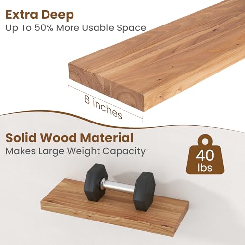 Floating Shelves for Wall, 8" Deep Elm Wood Shelves, 20in Set of 2, Natural - color: Natural, size: Flat Edge, 20inch, 2Packs
