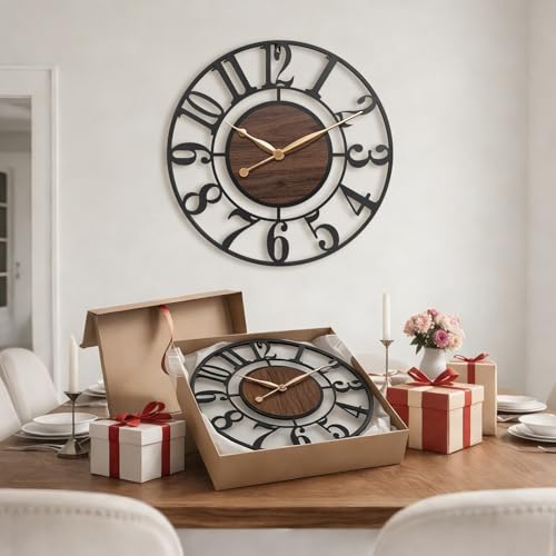 16 Inch Black Arabic Numeral Large Wall Clock with Walnut Dial - color: Brown, size: 16 Inch