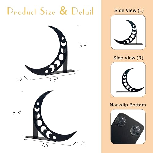 Moon Bookends Moon Phase Metal Decor Black Moon Book Ends for Shelves - color: Moon Phase