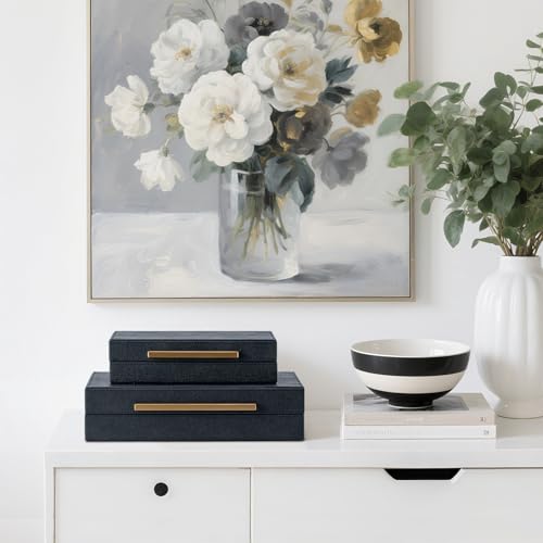 Set of 2 Black Shagreen Storage Boxes with Gold Metal Handles – Faux Leather Jewelry Organizer, Nesting Decorative Box for Photos, Memory Keepsake, Home & Office Decor - color: Black+Gold Handles