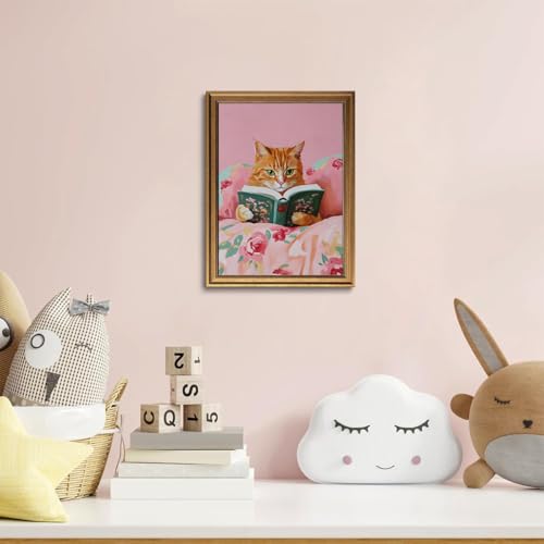 Cat Wall Art Vintage Gold Framed Wall Art Cat Pictures Wall Decor,12x16in - color: Reading cat, size: 12"x16"