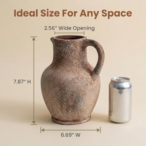 7.8 Inch Tall Vintage Ceramic Flower Vase with Handles,Rustic Farmhouse Vase for Home Decor,Distressed Decorative Terracotta Vase for Table Centerpiece Entryway Living Room Bedroom (004-terracotta) - color: 004-terracotta
