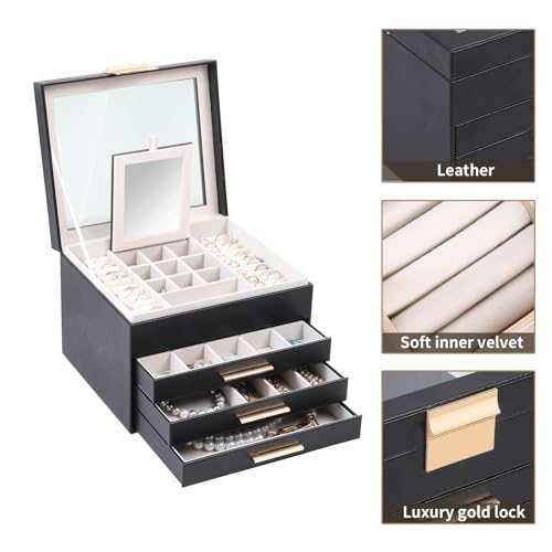 BOOVO Clear Lid Jewelry Box,3 Layers Jewelry Organizer Large Jewelry Storage Box with 2 Drawers,Jewelry Holder Organzier of Rings Earrings Necklace Bracelets for Women (Black, 4 Layer) - color: Black, size: 4 Layer