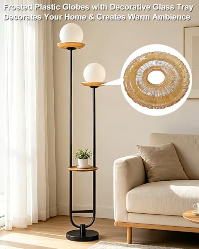 Lightdot 2-Globe Floor Lamp Dimmable with Amber Glass Tray Black Floor Lamp - color: Amber-2U Black