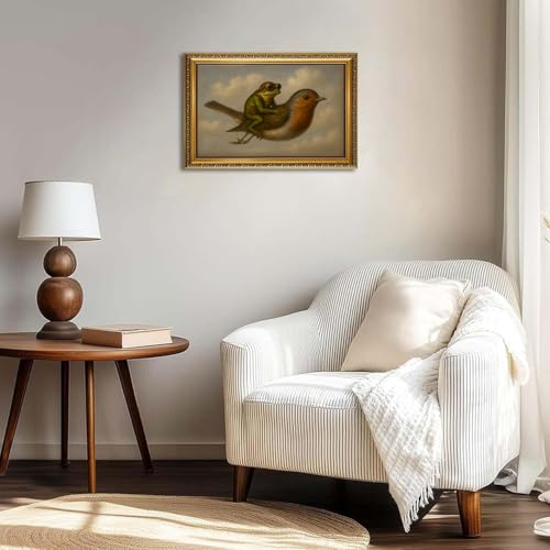 Vintage Gold Framed Wall Art Whimsical Frog Riding Bird Canvas Print - color: Frog Bird, size: 24"L x 16"W