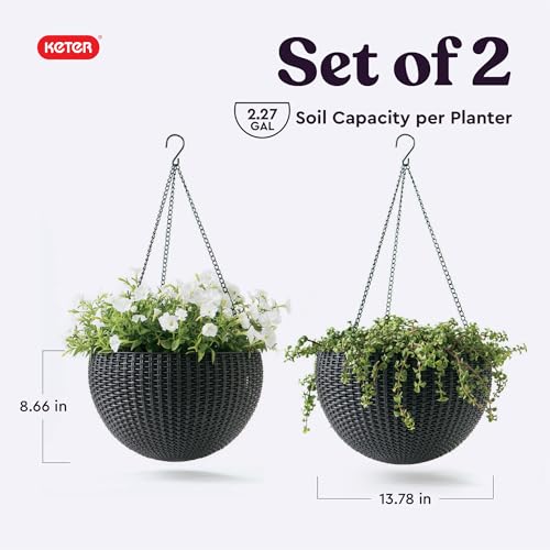 Keter Resin Rattan Set of 2 Round Hanging Planter Baskets for Indoor and Outdoor Plants-Perfect for Porches and Patio Decor, Graphite - color: Graphite