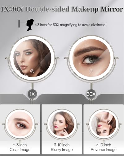 8" Lighted Makeup Mirror with Light,30X Magnifying Height Adjustable Mirror - color: Brushed Nickel