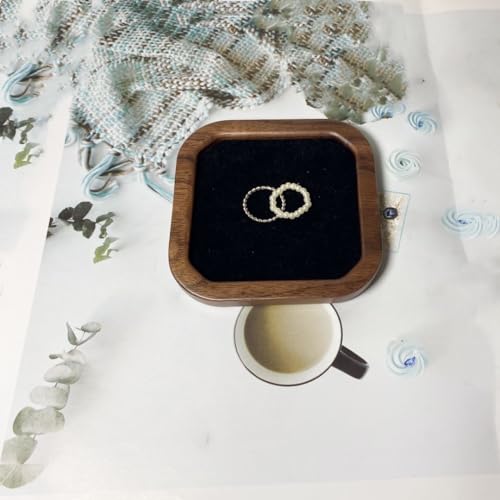 Wooden Jewelry Tray Small Trinket Dish with Velvet Surface Rings Earrings Dish Necklaces Bracelet Organizer Display Tray for Dresser Drawer Tabletop Birthday Gift(Square) - size: Square-Walnut