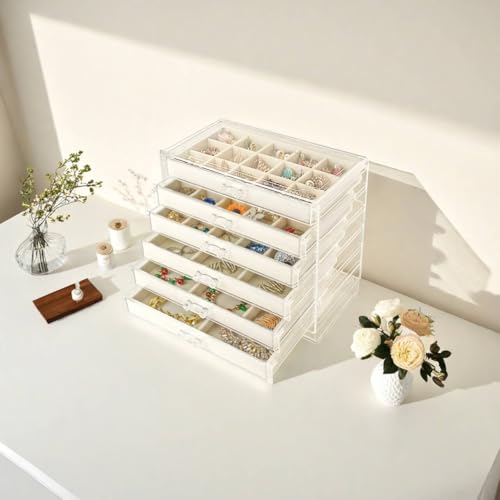 Watpot Acrylic Jewelry Box Organizer and Storage 6 Drawer for Earring Display Tray - color: Beige 6 Layers