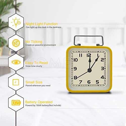 Rohome Small Alarm Clock, Retro Silent Quartz Movement with Night Light, Decorative Vintage Non Ticking Clock for Living Room, Office, Desk, Bedroom, Bedside, Hotel, Shelf, Nightstand (Yellow) - color: Yellow
