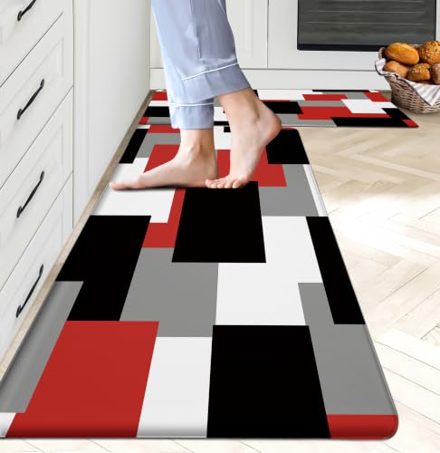 Tyrot Red Black Kitchen Rugs Set of 2 Cushioned Anti Fatigue Kitchen Mats for Floor Non-Slip Waterproof Kitchen Floor Mats Geometric Ergonomic Cushioned Comfort Standing Mat for Laundry, Office, Sink - color: Red