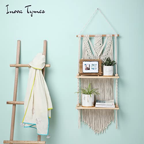 Macrame Wall Hanging Shelf - Boho Shelves Bedroom Decor | Macrame Wall Decor for Kitchen, Plant Hanger Shelves, Woven Rope Floating Shelves & Home Storage Organizer - 2 Tier - size: 2 Tier