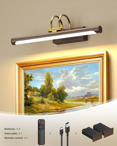 Picture Light,15.7″ Wireless Battery Operated Rechargeable LED Wall Light with Remote,Dimmable Art Light with Timer,Adjustable Design,Wood Grain and Gold Finish for Frames,Paintings and Bedroom Decor - color: Battery Operated-Wood Grain, size: 15.7 Inch
