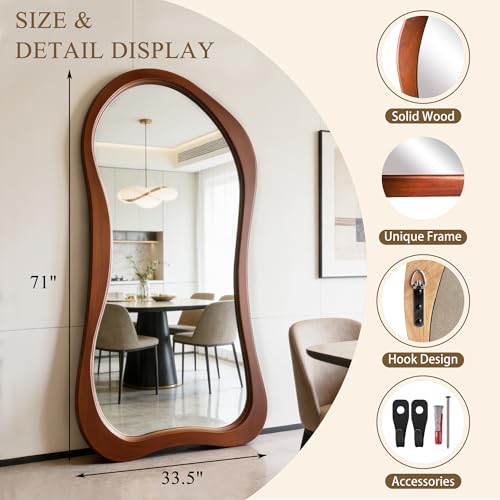71"x33.5" Irregular Full Length Mirror with Solid Wood Frame - color: Walnut Wood Frame, size: 71"L x 33.5"W