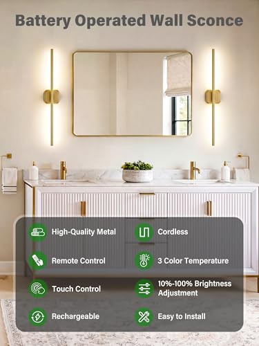 Battery Operated Wall Sconces Set of Two, Wireless Wall Lights Touch & Remote Control Rechargeable LED Wall Lamp 2700K-6000K Dimmable Lights for Living Room Bedroom Bathroom Hallway( 29 ", Gold) - color: Gold