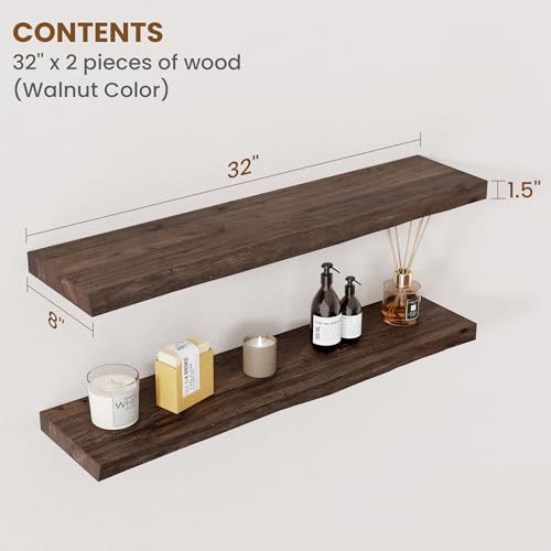 Floating Shelves for Wall Decor, Rustic Solid Elm Wood Live Edge Floating Shelves Wall Mounted, Wall Shelves with Invisible Bracket for Living Room Bathroom Bedroom Kitchen, 32 Inch Set of 2, Walnut - color: Walnut, size: Live Edge, 32inch, 2Packs