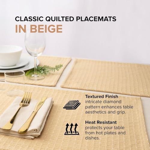 Cotton Placemats Set of 6-13x19 Inch, Diamond Quilted Place Mats, Durable & Elegant for Dining Table, Wedding, Restaurant, Machine Washable, Oeko-TEX Certified - Beige - color: Beige - Diamond Quilted