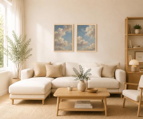 Cloud Wall Art Framed Set of 2, Vintage Sky Canvas Prints - color: BlueSky, size: 16x24 Inch