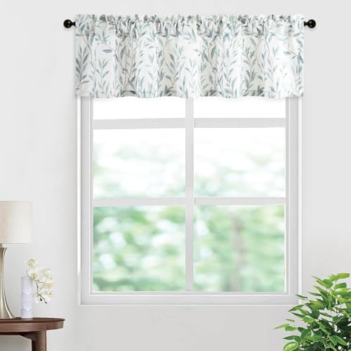 VOGOL Leaf Pattern Valance, Faux Linen Window Topper, 60x14, Blue - color: Blue, size: 60"W x 14"L (Pack of 1)