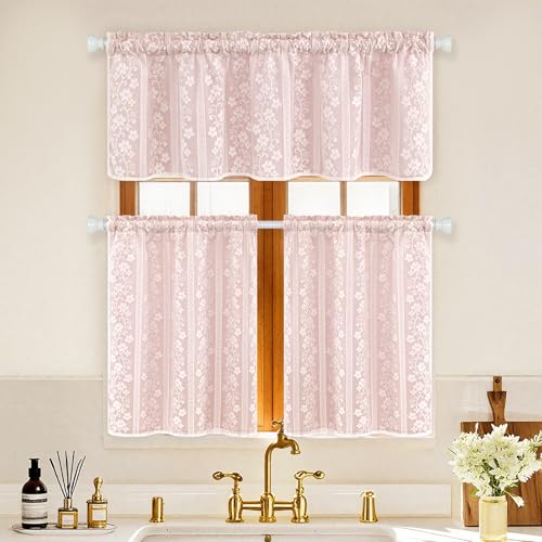 ASPMIZ Linen Pink Kitchen Tier Curtains 36 Inch Length, Double Layered Kitchen Curtain with Linen and Lace, Rod Pocket Window Curtains with Tiebacks, Boho Window Treatments for Bathroom Cafe, 2 Panel - color: Light Pink, size: 26"W x 36"L (Pack of 2), sty