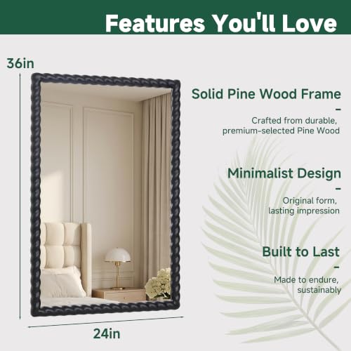 36"x24" Rectangular Solid Wood Farmhouse Decorative Wall Mirror - color: Black, size: 36"L x 24"W