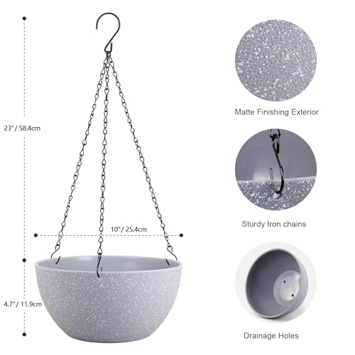 Meowell 10 inch Hanging Planters for Indoor Outdoor Plants, 2 Pack Hanging Flower Pots with Drainage Holes and Chain for Garden Porch, Plastic Hanging Baskets for House Plants, Speckled Grey - color: Speckled Grey, size: 10inch 2pcs