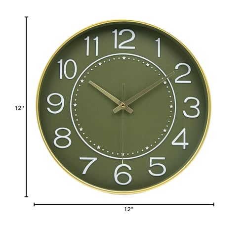 HZDHCLH 12 Inch Modern Wall Clock Battery Operated Silent Non Ticking - color: Green and Gold, size: 12 Inch