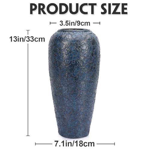 13" Tall Blue Ceramic Vase - Rustic Pottery Accent for Centerpieces, Decorative Flower Container for Living Room, Table, Kitchen, Office or Entryway, Modern Large Home Decor Piece - size: Large