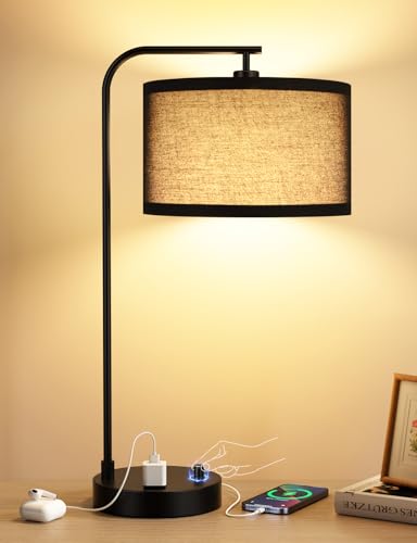 20.7" Tall Table Lamp with USB & Outlet, Fully Dimmable Nightstand Lamp - color: G-Black Shade & Black Base
