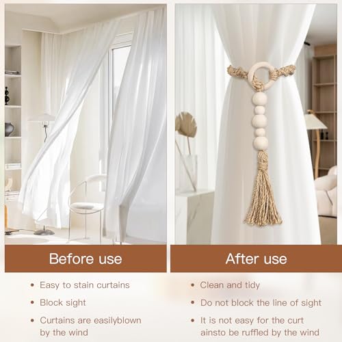 Macrame Curtain Tiebacks with Wooden Beads, Jute Rope Boho Holdbacks with Tassels, Natural Beige, 2-Pcs