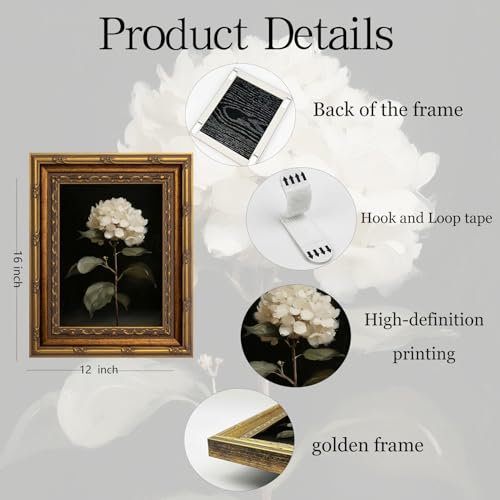 Vintage Gold Framed Wall Art White Hydrangea Wall Art Vintage Botanical Floral Wall Decor Picture Rustic Cottagecore Aesthetic Flower Poster Print for Living Room Bedroom 12x16in - color: Hydrangea, size: 16"l X 12"w