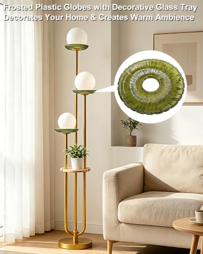 Lightdot 3-Globe Floor Lamp Dimmable with Green Glass Tray Gold Floor Lamp - color: Green-3U Gold