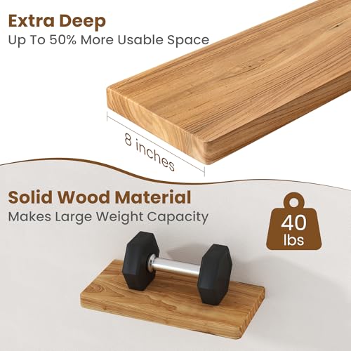 Floating Shelves for Wall, 18"Wx8"D Elm Wood Shelves, Set of 2, Natural - color: Natural, size: Round Edge, 18inch, 2Packs