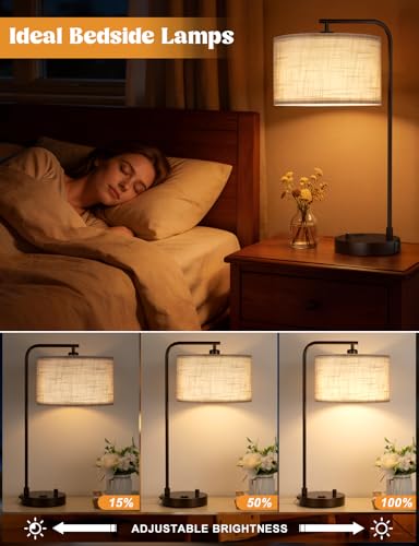 20.7" Tall Table Lamp with USB & Outlet, Fully Dimmable Nightstand Lamp - color: H-Gray Shade & Brown Base