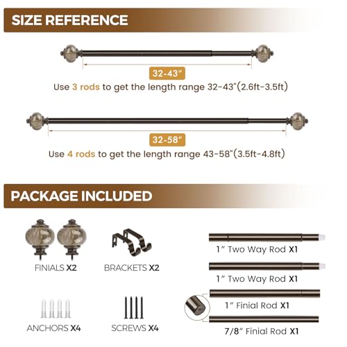 KAMANINA 1 Inch Curtain Rods 32 to 58 Inch, Bronze Adjustable Drapery Rods - color: Bronze, size: 32-58"