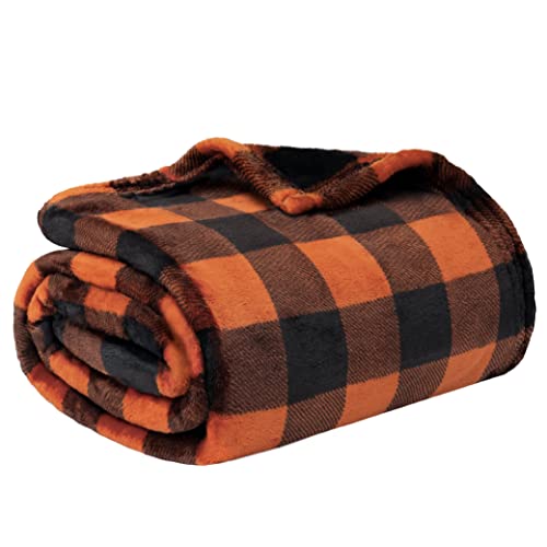 PAVILIA Black and Orange Buffalo Plaid Fleece Throw Blanket for Couch, Soft Halloween Flannel Blanket for Sofa, Orange Checkered Plaid Fall Couch Throw, Warm Cozy Fall Bed Blanket Decor Gift, 50x60 - color: Plaid Orange Black, size: 60 x 80 Inches - Twin