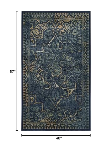SAFAVIEH Vintage Collection Accent Rug - 4' x 5'7", Blue & Yellow, Oriental Medallion Distressed Viscose Design, Ideal for High Traffic Areas in Entryway, Living Room, Bedroom (VTG175-2333) - color: Blue/Yellow, size: 4' x 5'7" (Rectangular)