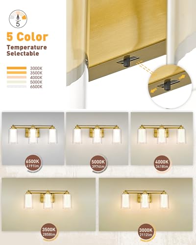 HWH 3-Light Bathroom Vanity Light, Clear Glass, Dimmable, 5HLT63B-3W-LED BG - color: Brushed Gold + LED, size: 3 Lights