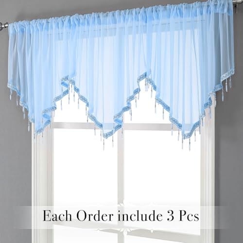 WUBODTI Blue Beaded Sheer Valance Curtains for Windows, Triangle Sheer Voile Kitchen Swag Curtain Valances Boho Bead Tassels Window Valances for Bedroom Living Room Bathroom,3PCs, Each W51 x L24 - color: Blue
