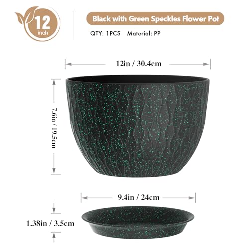 WSMKSZ 12 Inch Wide Water Ripples Flower Pots for Indoor or Outdoor Plants, Large Plant Pots with Drainage Holes & Saucer, Plastic Planters Set for Garden & Home Decor (Black with Green Speckles) - color: Black With Green Speckles