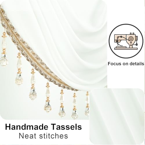 VOGOL Sheer White Waterfall Valance with Beaded Tassels, 138 x 43, 1 Panel - color: White-beaded, size: 138"W x 43"L (Pack of 1)